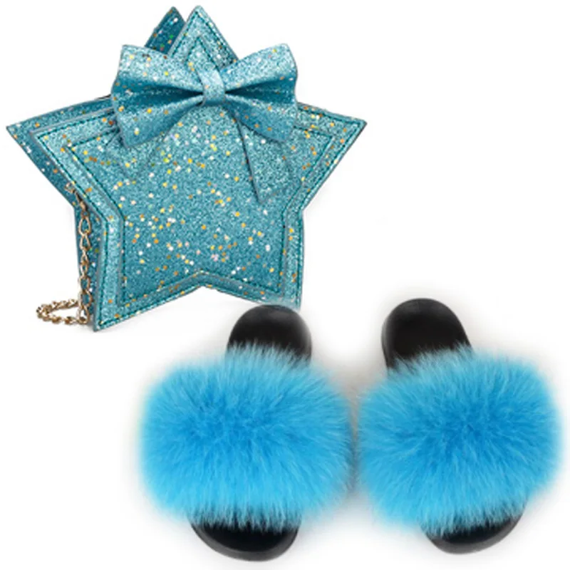 

Летние меховые шлепанцы для девочек, плюшевые шлепанцы, сандалии для девочек, кожаные шлепанцы, сумка для маленькой девочки с пентаграммой, ...