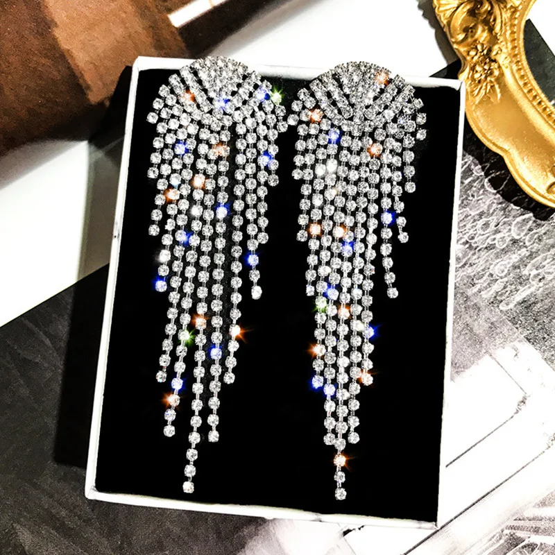 Женские длинные кисточки кристаллы FYUAN Висячие Серьги серебряного цвета стразы