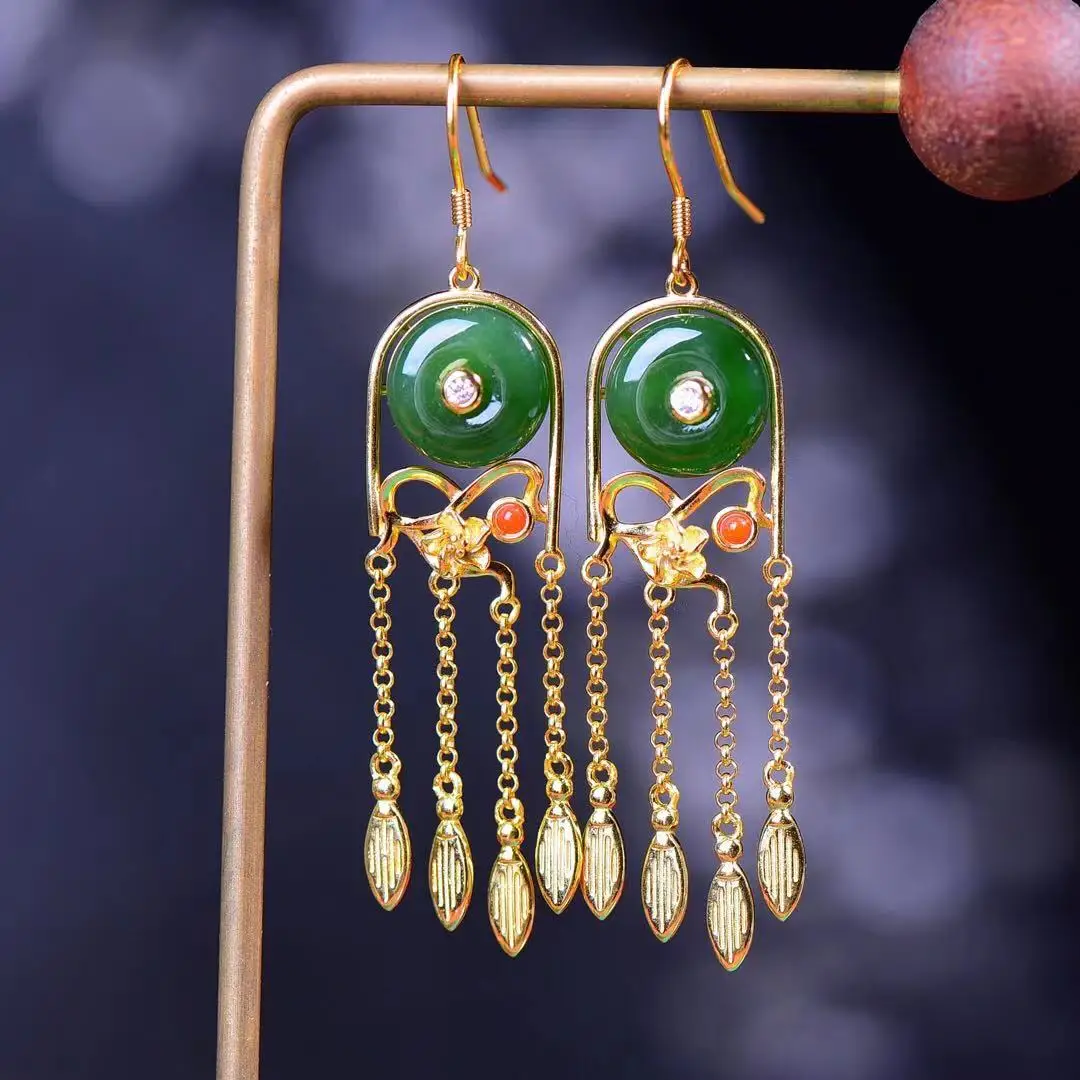 

Natural 925 silver inlaid Hetian jade safe buckle with southern red pendant