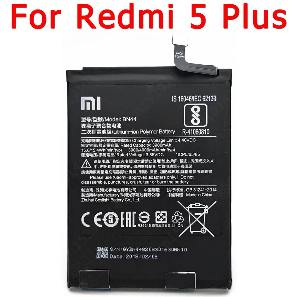 

100% Original For Xiaomi Redmi 5 Plus Battery BN44 Cellphone 3900 mAh Li-ion Bateria Replacement Repair Spare Parts