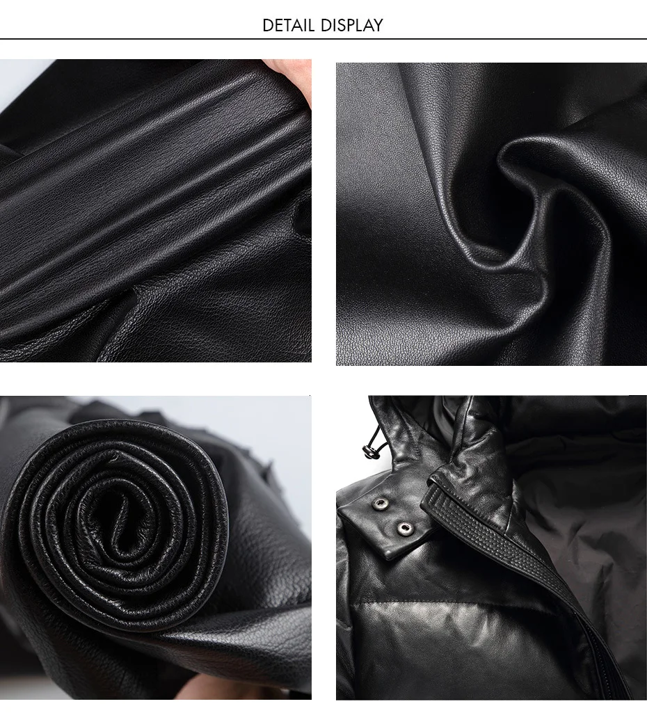 CARANFIER Mens Winter Warm Black Genuine Leather Real Lambskin Duck Down Hooded Jackets Coats Jaqueta De Couro Deri Ceket