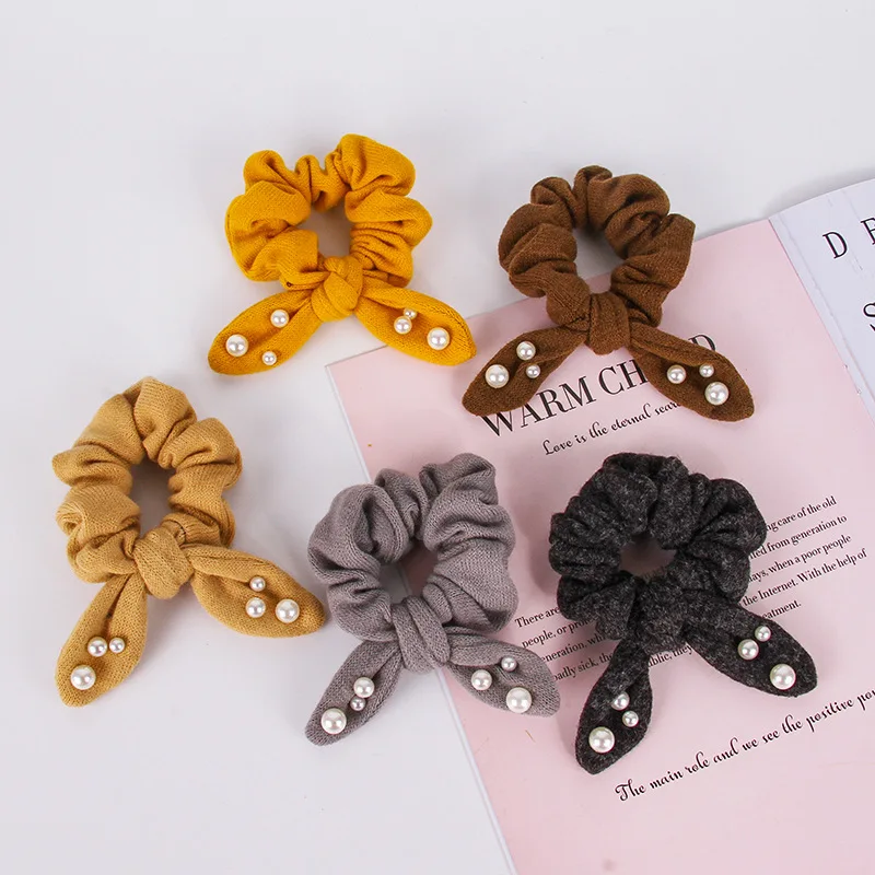 Резинка для волос с жемчугом женская модная однотонная шерстяная эластичная