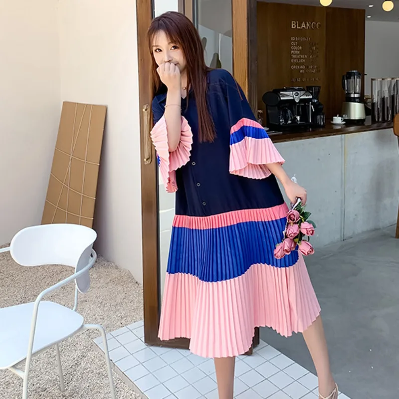 

Patchwork Plus Size Buttoned Pleated Shirt Dress Korea Casual Flare Sleeve Summer Spring 2021 Sweet Cute Lady Robe 16W470 Casual