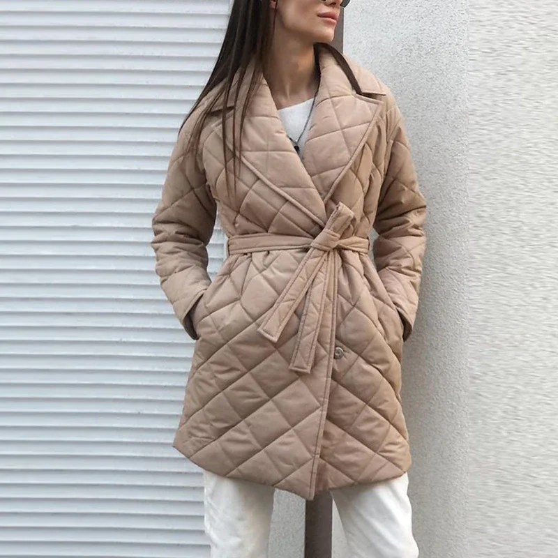 

Women Long Straight Winter Coats Solid Rhombus Pattern Casual Sashes Parkas Pockets Tailored Collar Ladies Stylish Outerwear ZA
