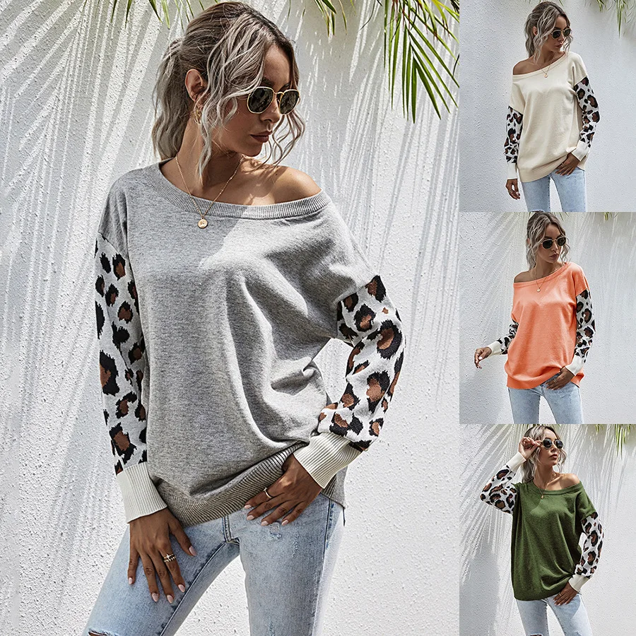 

European and American strapless sweater 2022 autumn and winter new women's sleeves leopard stitching sweater