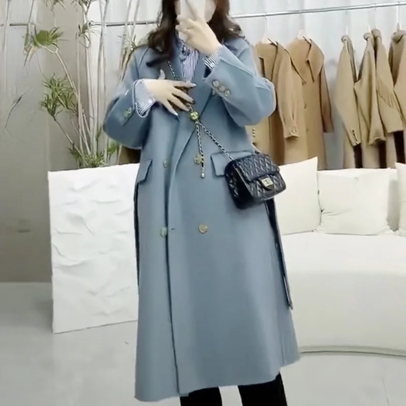 

Женское шерстяное пальто, однотонное двубортное пальто на шнуровке с отложным воротником и длинным рукавом, Осень-зима 2021