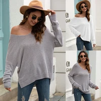 2021 autumn new product knit sweater european and american loose plus size womens v neck off the shoulder pullover sweater