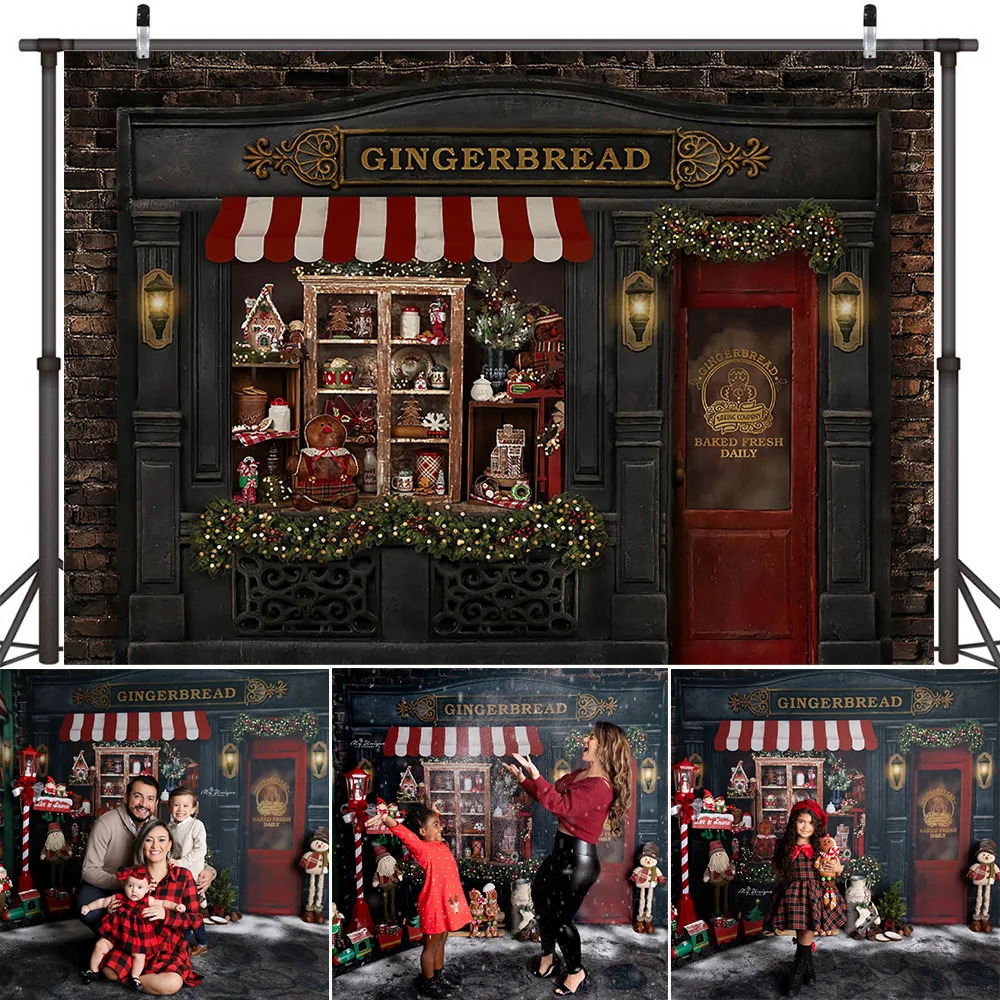 Christmas Toy Store Backdrop Retro Gingerbread House Photography Xmas Room Portrait Background Photo Studio Winter Street Snow |