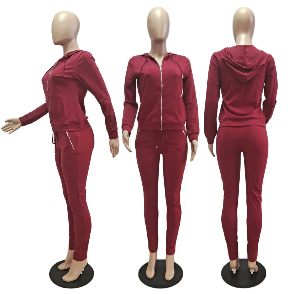 

Autumn new fashion solid color leisure sports suit slim V-Neck long sleeve zipper coat and trousers women's two-piece set