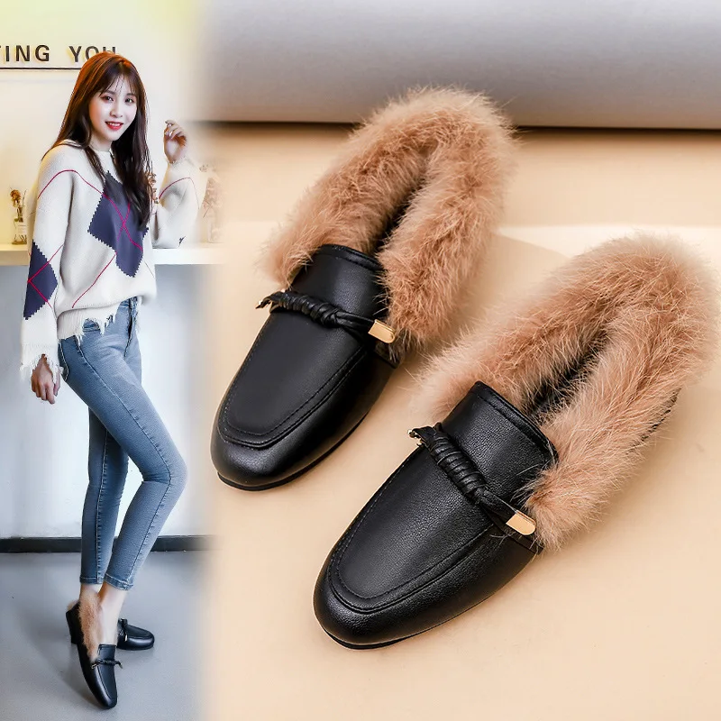 Удобные туфли без каблука с кроличьим мехом женские мокасины коллекция 2019 года