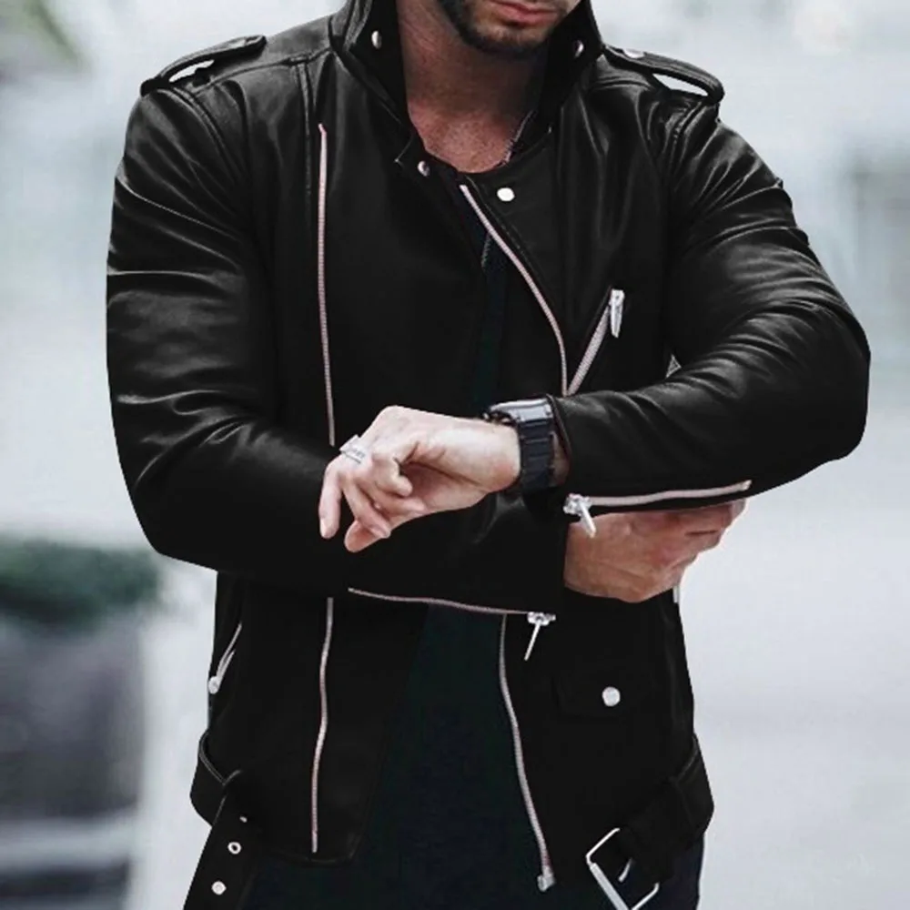 

Мужская винтажная кожаная куртка, черная Повседневная байкерская куртка из искусственной кожи на молнии, одежда для весны и осени, 2021