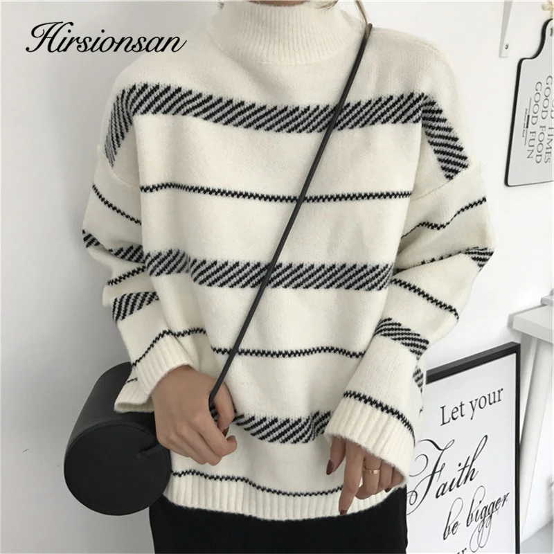 

Hirsionsan Sweater Women Striped Half turtleneck Thicken Soft Pullovers Oversized Knitted Long Sleeve Femme Tops Winter Jumper