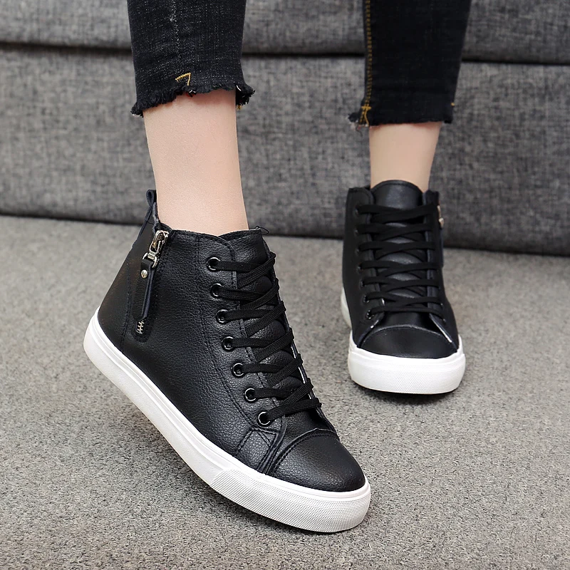 Кеды женские из ПУ кожи высокие кроссовки мягкая резиновая подошва на молнии