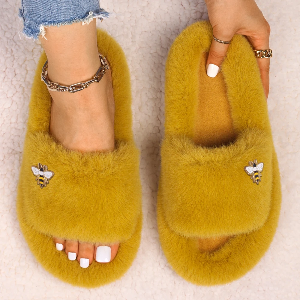 Furry Women Flat Slippers Faux Fur Shoes Female Fluffy Shining Crystal Rhinestone Insect Indoor Slides Warm Home Flip-Flops
