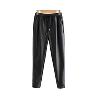 women faux pu leather pockets pants vintage fashion elastic waist drawstring tie ladies ankle trousers pantalones mujer
