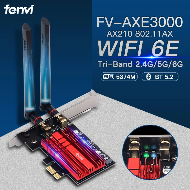 

WiFi 6E FV-AXE3000 Bluetooth 5.2 Intel AX210 Wireless PCI-Express Adapter 2.4G/5G/6Ghz 5374Mbps 802.11AX Network WiFi Card Win10