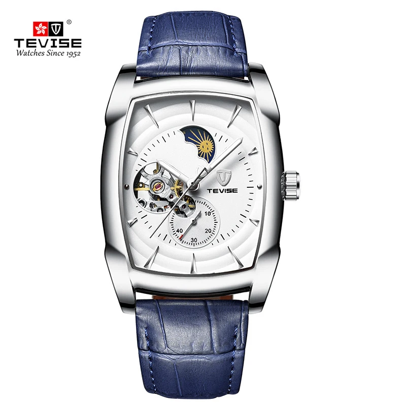 TEVISE silver blue Tevise автоматические механические наручные часы Tourbillon Moon Phase часы лучший бренд мужские спортивные наручные часы с намоткой Relogio Masculino - Цвет: TEVISE silver blue