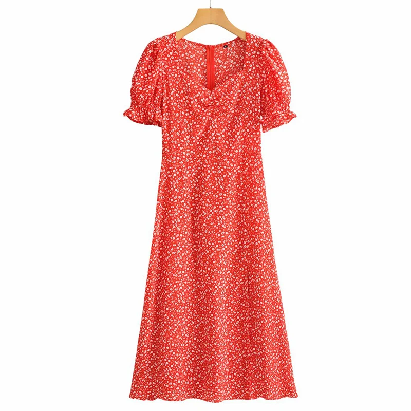 

YENKYE Elegant Women Floral Print Red Dress Vintage Puff Sleeve Sexy Slits Holiday Party Long Dresses Ladies Summer Vestido