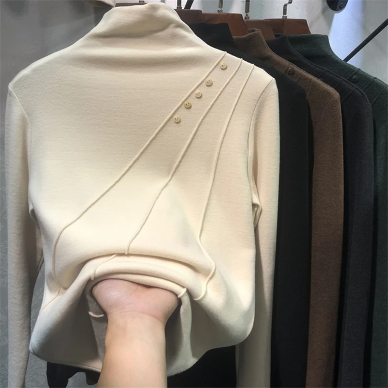 

Двусторонняя Базовая рубашка Dralon, Женская осенне-зимняя футболка с длинным рукавом и воротником средней высоты, с бархатным принтом, в запа...