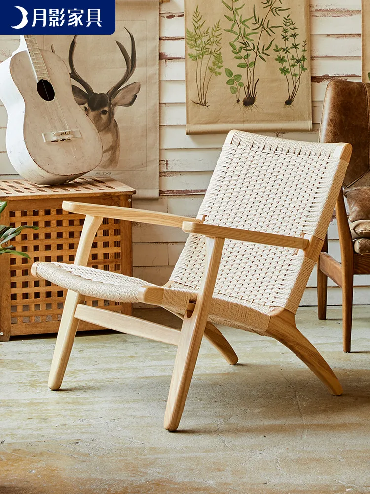 

Стул из ротанга для балкона, уличное кресло в японском стиле из массива дерева, одинарный диван, скандинавский стул с тканой спинкой для мал...