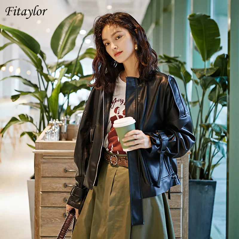 

Fitaylor Faux Leather Jackets Women New Autumn Winter Ribbons Pockets Epaulet Asymmetric Hem Loose Biker Leather Streetwear