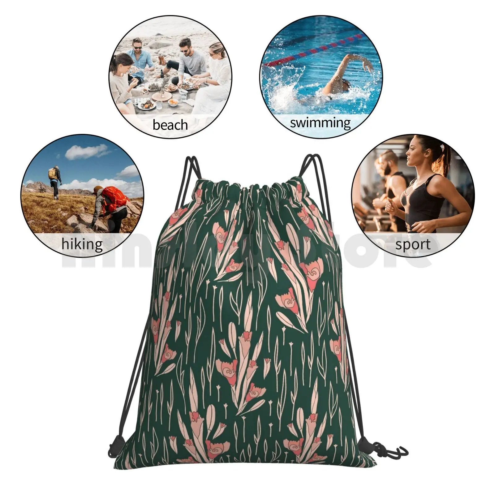 

Budding Blushes Backpack Drawstring Bag Riding Climbing Gym Bag Floral Patterns Pattern Motive Green Pink Buds Flowers