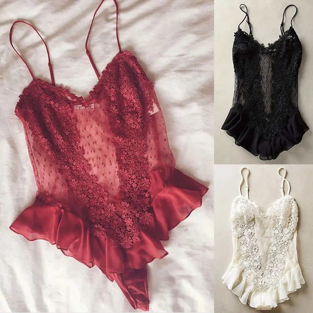 

New Arrival Women Sexy V-neck Lace Floral Bodysuits Robe Babydoll Nightdress Nightgown Spaghetti Strap Sleepwear