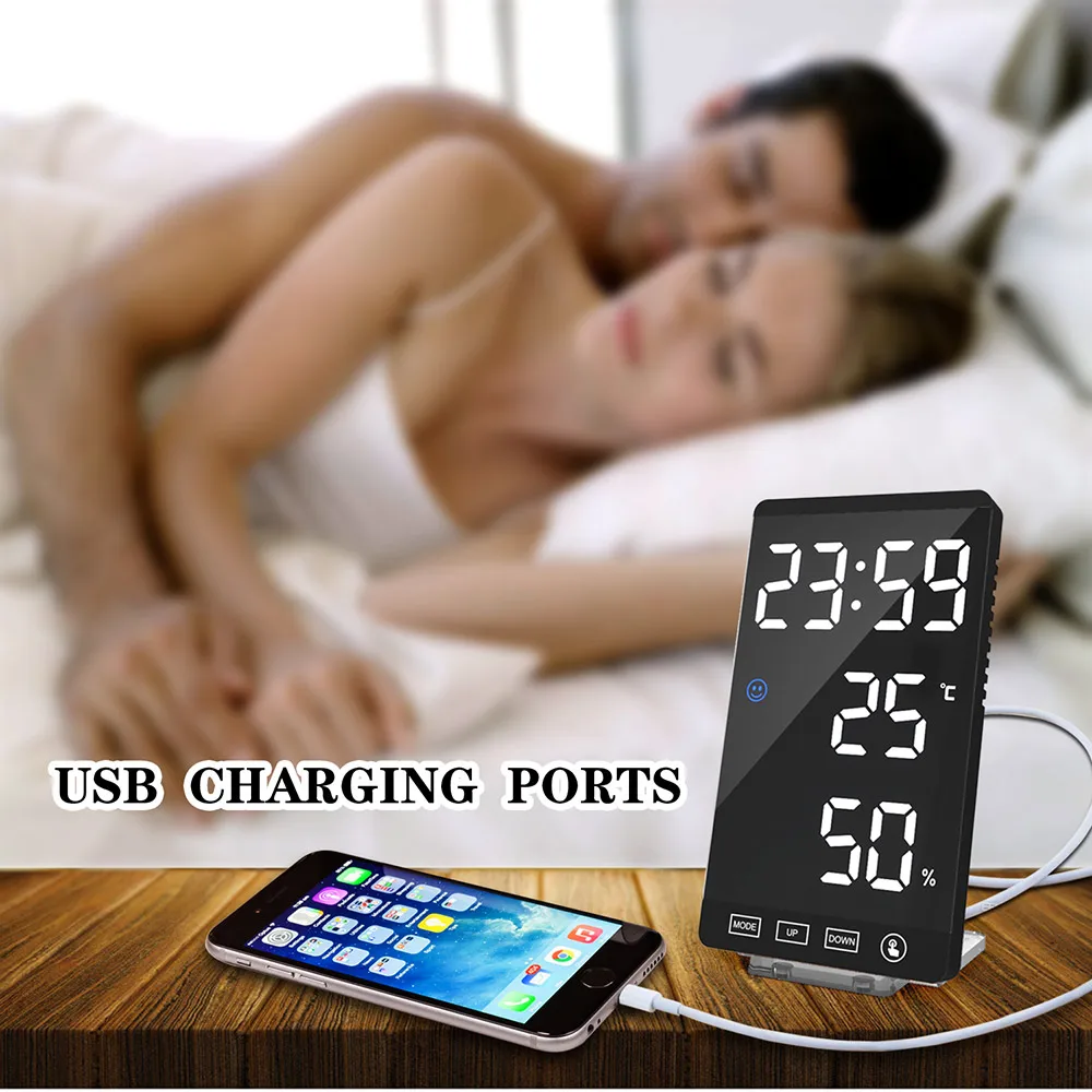 Светодиодный зеркальный часы настольные с погодной температурой электронный