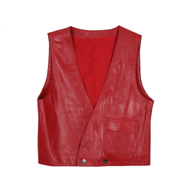 

Style Slim Korean Fit Genuine Leather Shorts Vests Office Lady V-Neck Double-Breasted Sheepskin Women Solid Waistcoat Autumn