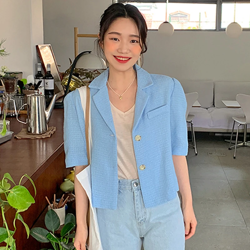 

Women Jackets 2021 Summer Korean Chic Ladies Gentle Suit Collar Two Buttons Loose Woven Puff Sleeve Short Jackets