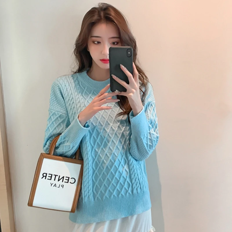 

Women O-Neck Pullovers High Quality Diamond Check Jumper Coat Elegant Retro Winter Clothes Blue Pink Casual Loose Knit Sweater