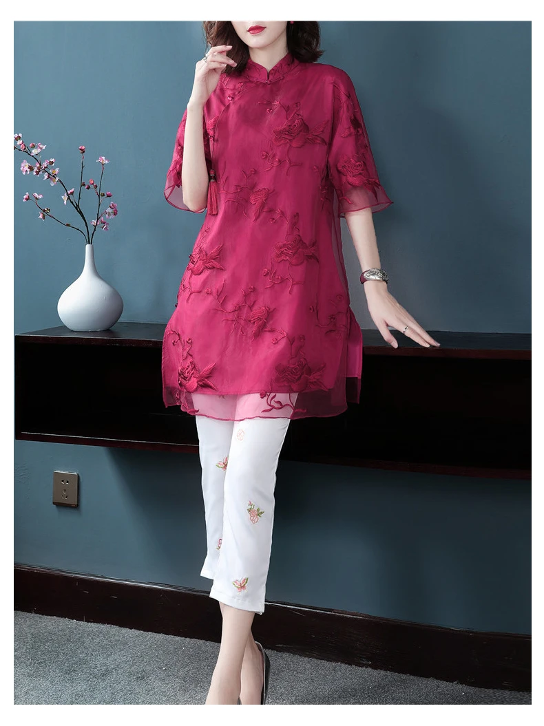 Цветочная вышивка cheongsam рубашка qipao Топ Половина рукава Китайский традиционный Топ Блузка для женщин кружевной Шелковый китайский топ