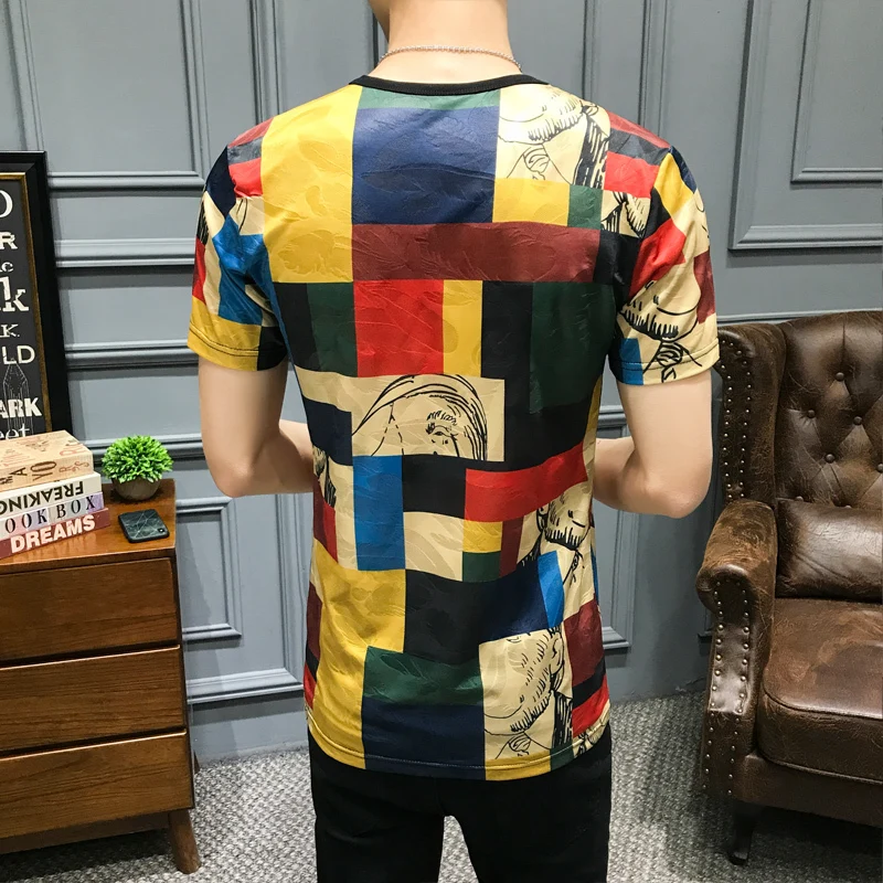 

Print Lattice Fashion T Shirt Harajuku Top Tee Streetwear T Shirt Men Camisetas Hombre Short Sleeve Tshirt Splice Contrast Color