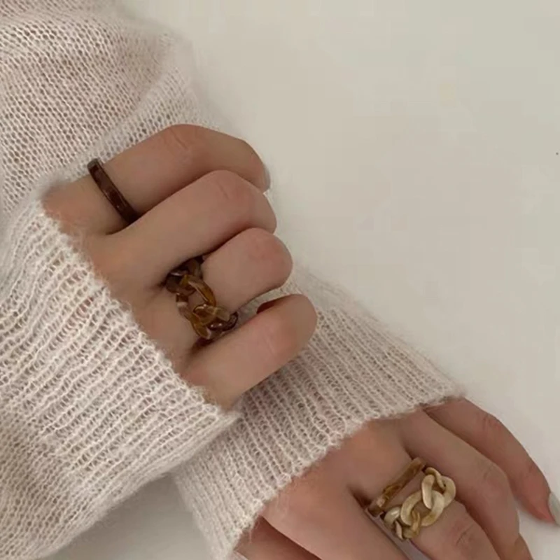 

2021 Fashion Transparent Resin Acrylic Chunky Chain Rings Set For Women Colorful Geometric Square Round Rings Jewelry