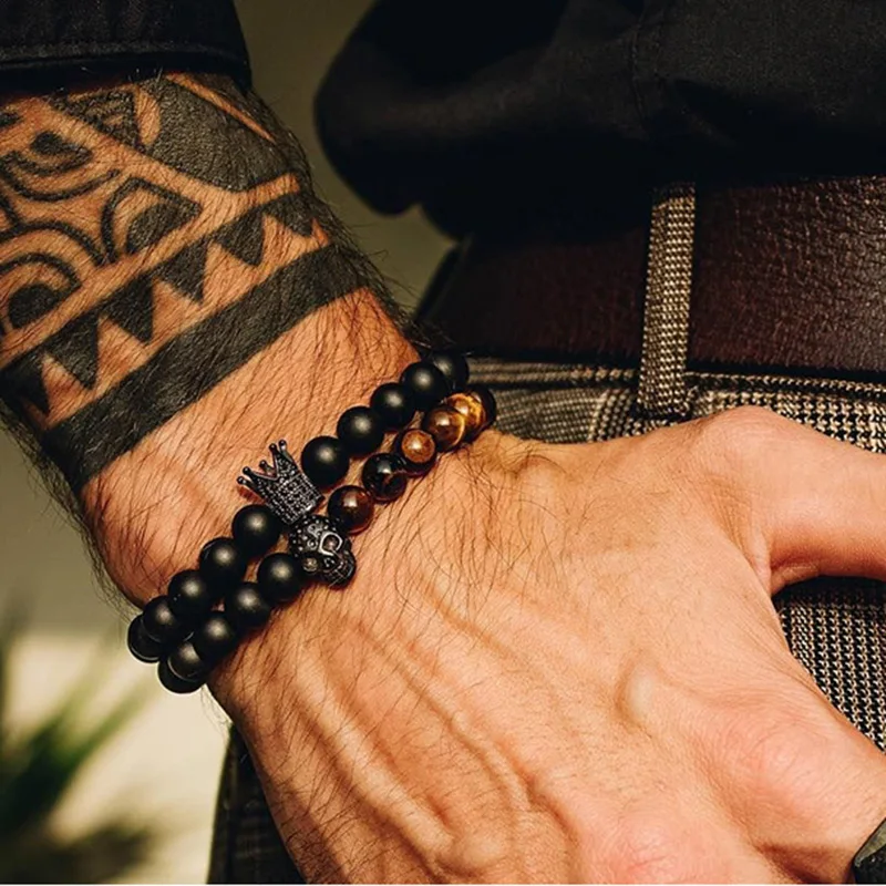 

Черный матовый браслет с бусинами тигровый глаз 2 шт./компл. 2019 Королевский браслет с кубическим цирконием и короной стальной браслет с чере...
