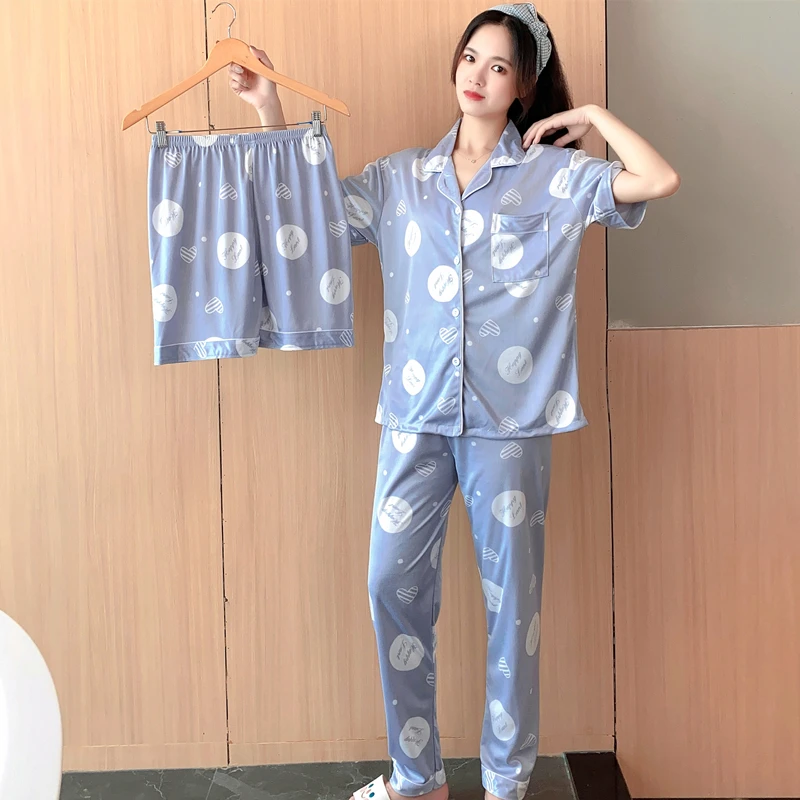 

Sleepwaer 3 Piece Pajama Set For Women Summer Dot Print Pijama Suits With Shorts+Trousers Room Wear Casual Girls Pyjama 2021 New