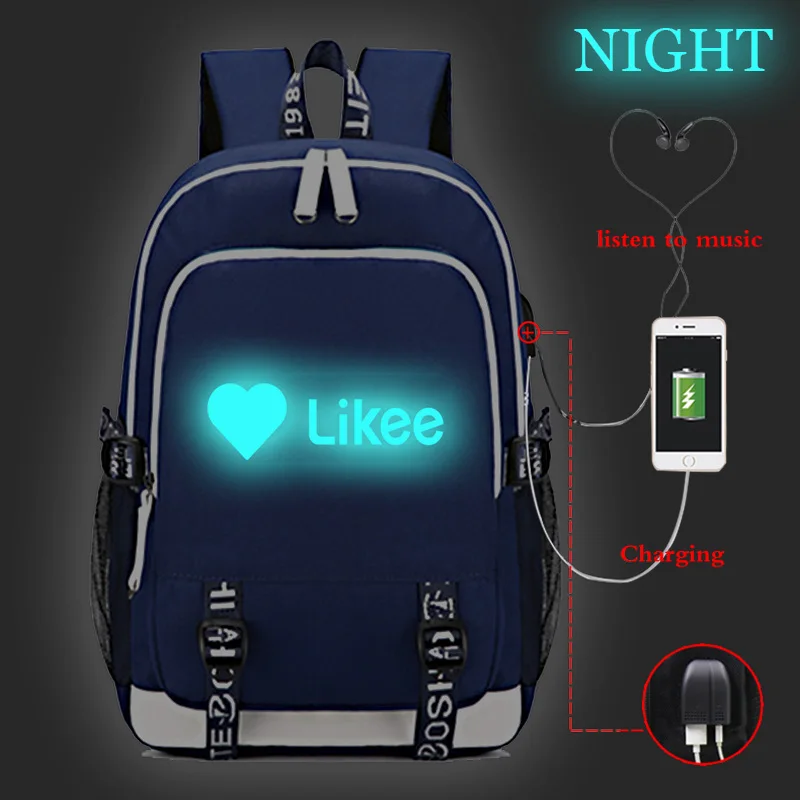 Рюкзак Likee USB для студентов школьные сумки со светящимися usb зарядками дорожный