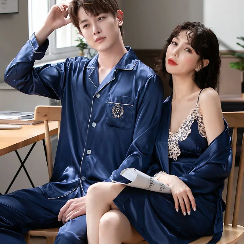 Couple Pajamas Spring and Summer Women Ice Silk Two-piece Long-sleeved Sexy Suspenders Chest Pad Robe Men's Suit Home Wear