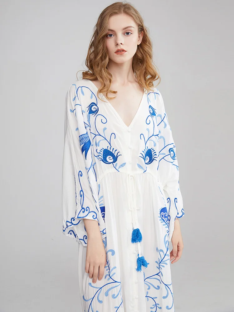 

Summer new ethnic tourism holiday dress Bohemia Island Beach Dress loose large embroidery V-Neck long dress