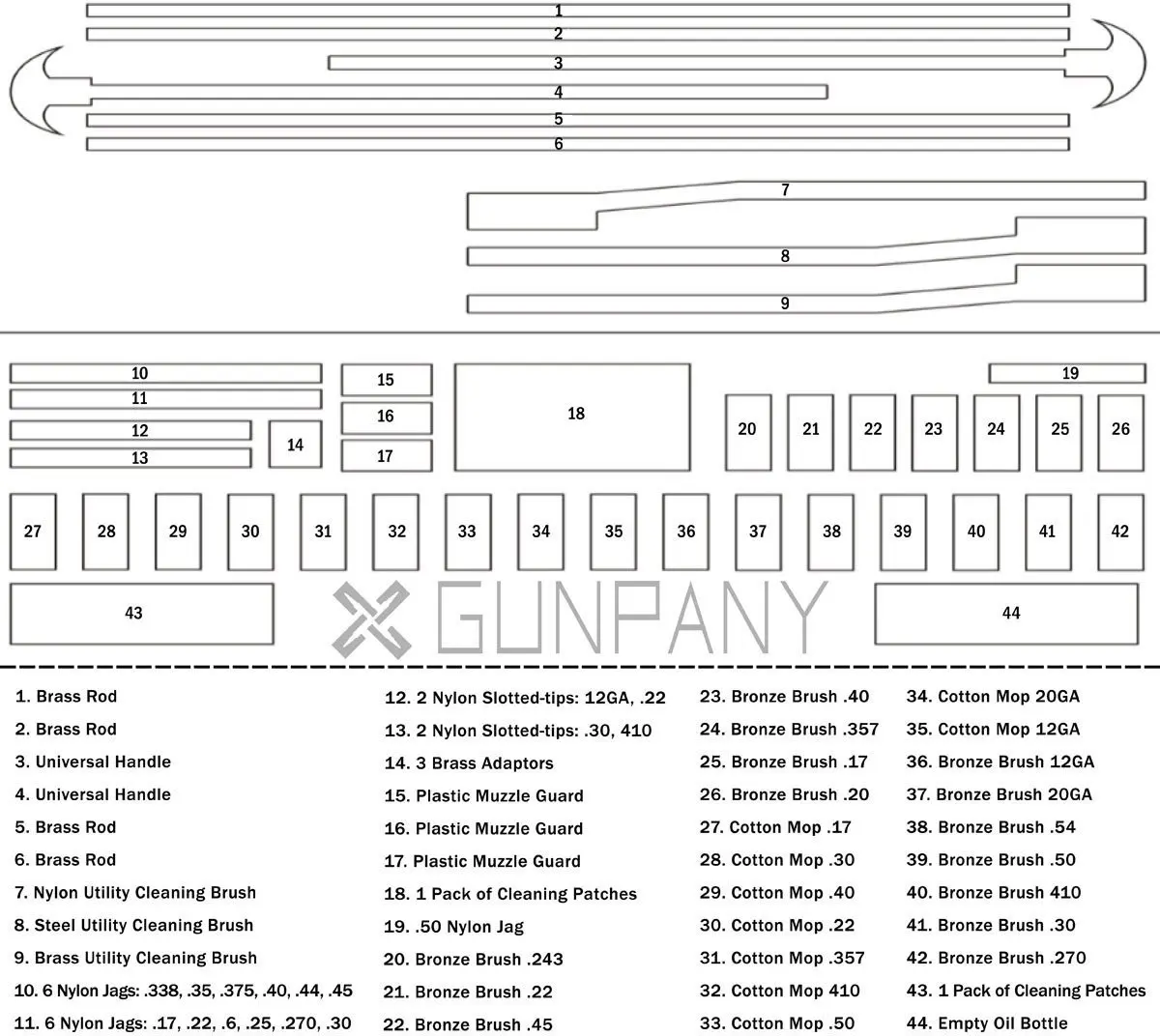 Gunpany 62 шт. универсальные принадлежности для чистки ствола оружия набор