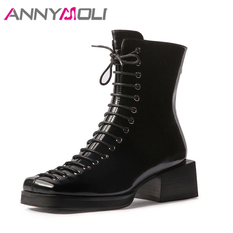 

ANNYMOLI Women Short Boots Shoes Platform High Heel Ankle Boots Square Toe Thick Heels Zip Lace Up Lady Boots Autumn Winter 40