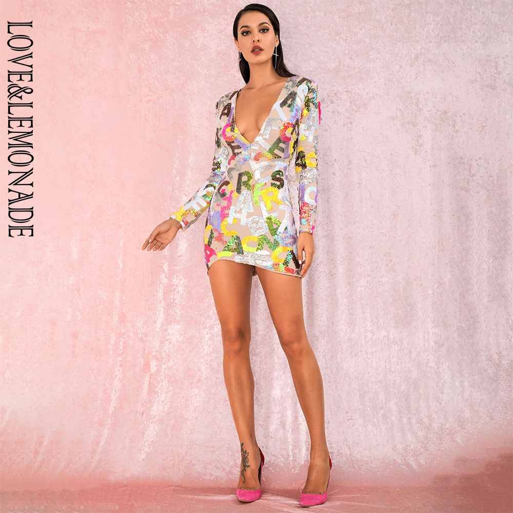 LOVE&LEMONADE, сексуальное, с глубоким v-образным вырезом, с вырезами, с буквенным принтом, с блестками, облегающее, с длинными рукавами, вечерние, мини-платья LM82121