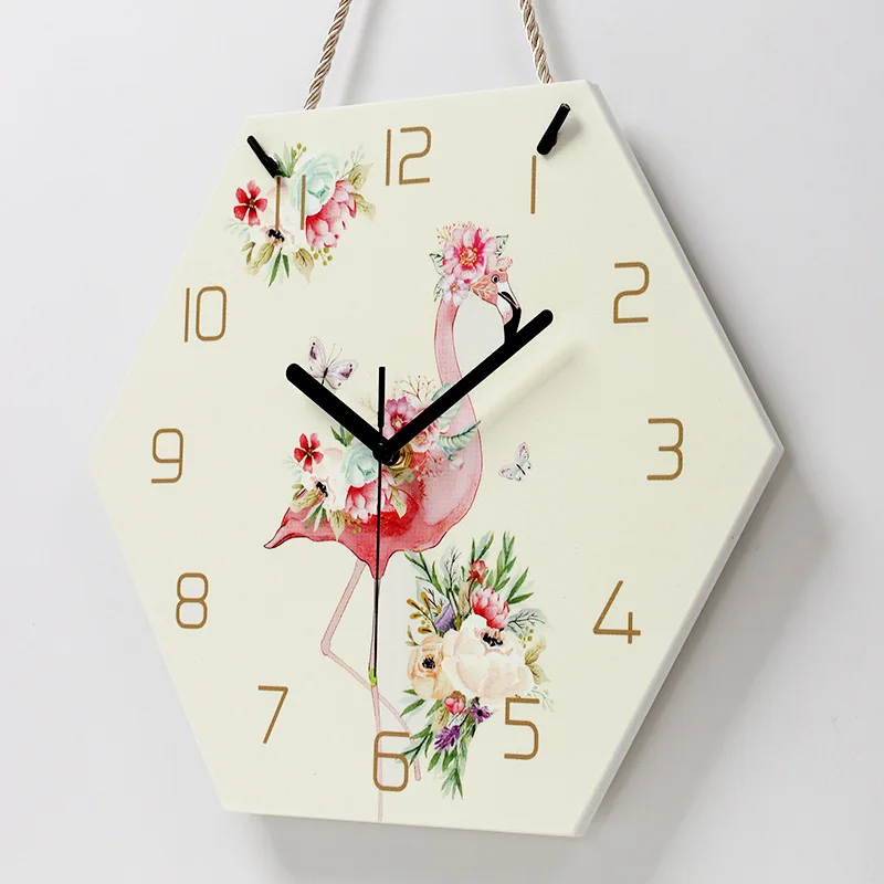 Настенные часы с акриловым ремешком шестигранные рисунком фламинго для гостиной