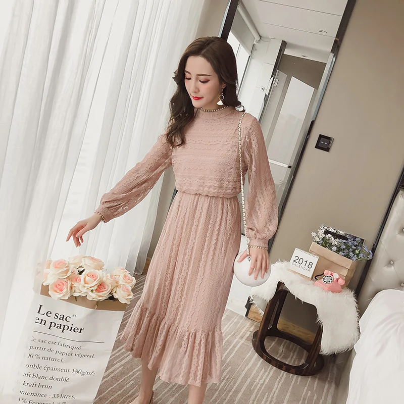 Новый Для женщин платье длинный рукав кружево Тонкий интеллект дыма длинные