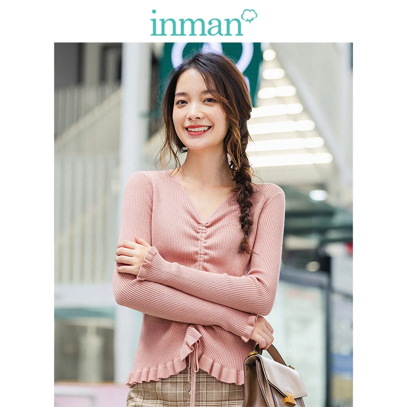 INMAN Winter Elegant Solid Color V Neck Drawstring Flower Swing Women Pullover Sweater