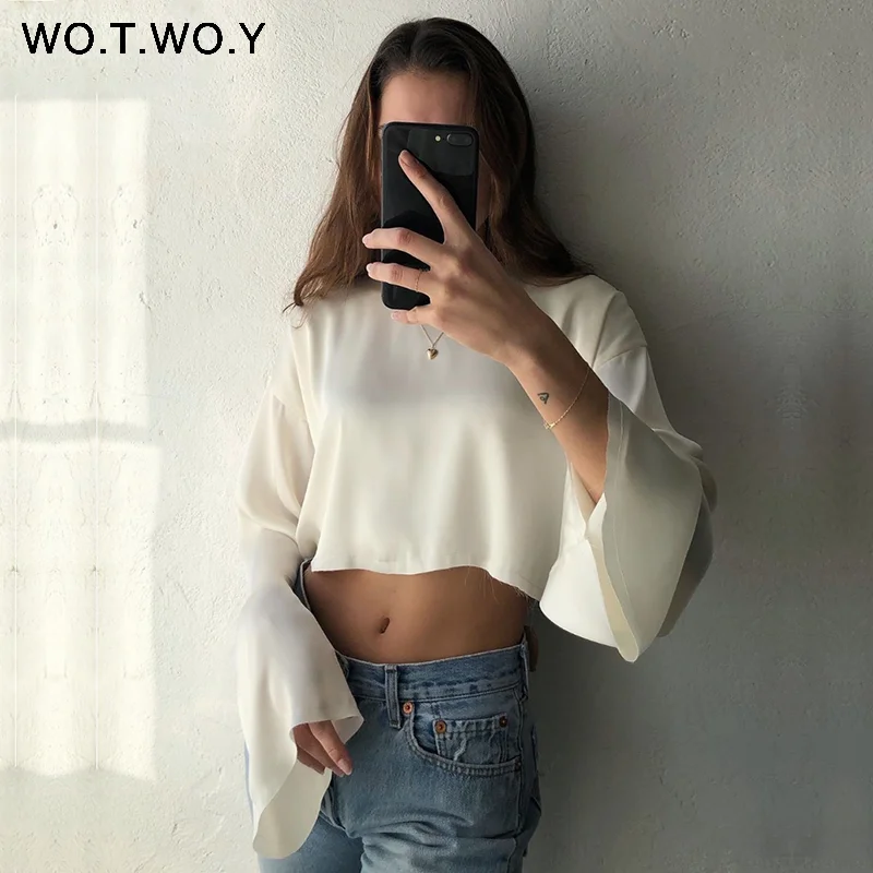 WOTWOY Летний Шелковый укороченный Топ для женщин с высоким уличным Расклешенным