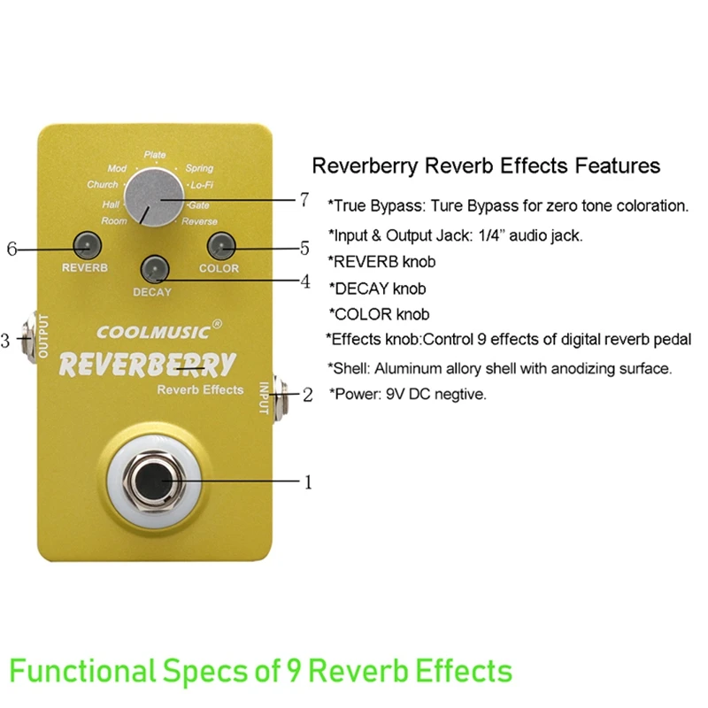 

COOLMUSIC Electric Guitar Digital Reverb Effect Pedal with 9 Reverb Effects True Bypass Guitar Parts Accessories
