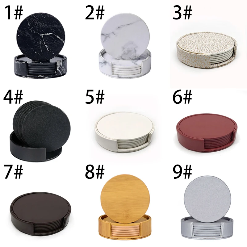 

6PCS Hot Sale PU Leather Marble Coaster Drink Coffee Cup Mat Easy to Clean Placemats Round Tea Pad Table Pad Holder