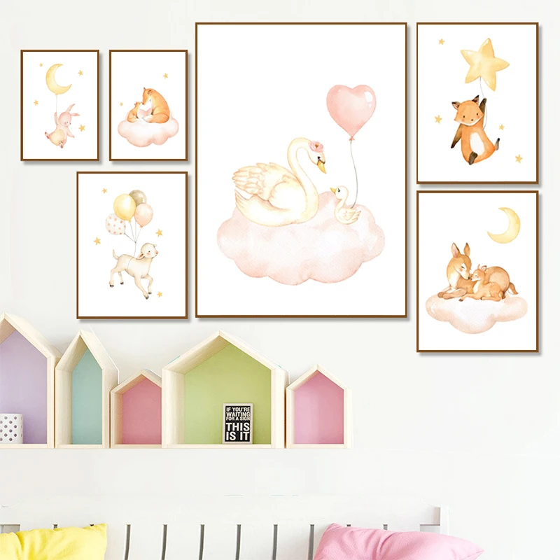 Bear Rabbit Sheep Stars Moon Nursery Wall Art Canvas Painting Nordic Posters And Prints Pictures Girl Boy Kids Room Decor | Дом и сад