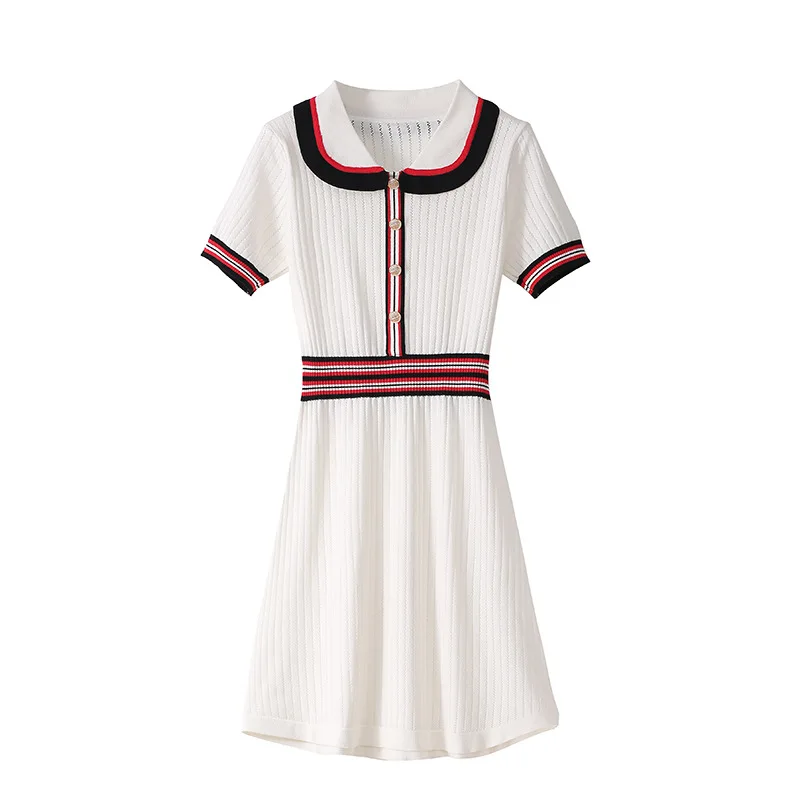 

High Quality England Style Summer Women Stripe Color Waist Thread Edge Striped Knitted Dresses Luxury Knitting Cotton Dresses